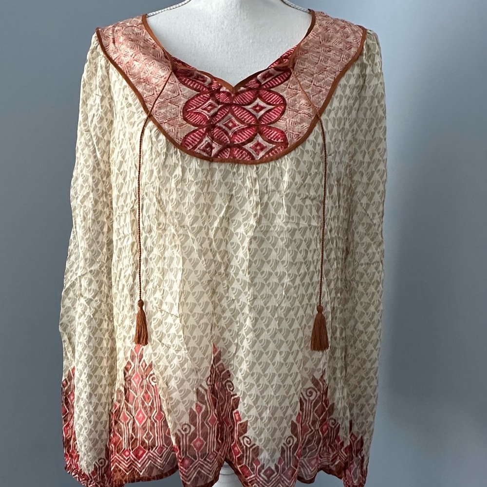 LUCKY BRAND WOMENS SIZE LARGE BOHO Printed Peasant Long Sleeve Blouse